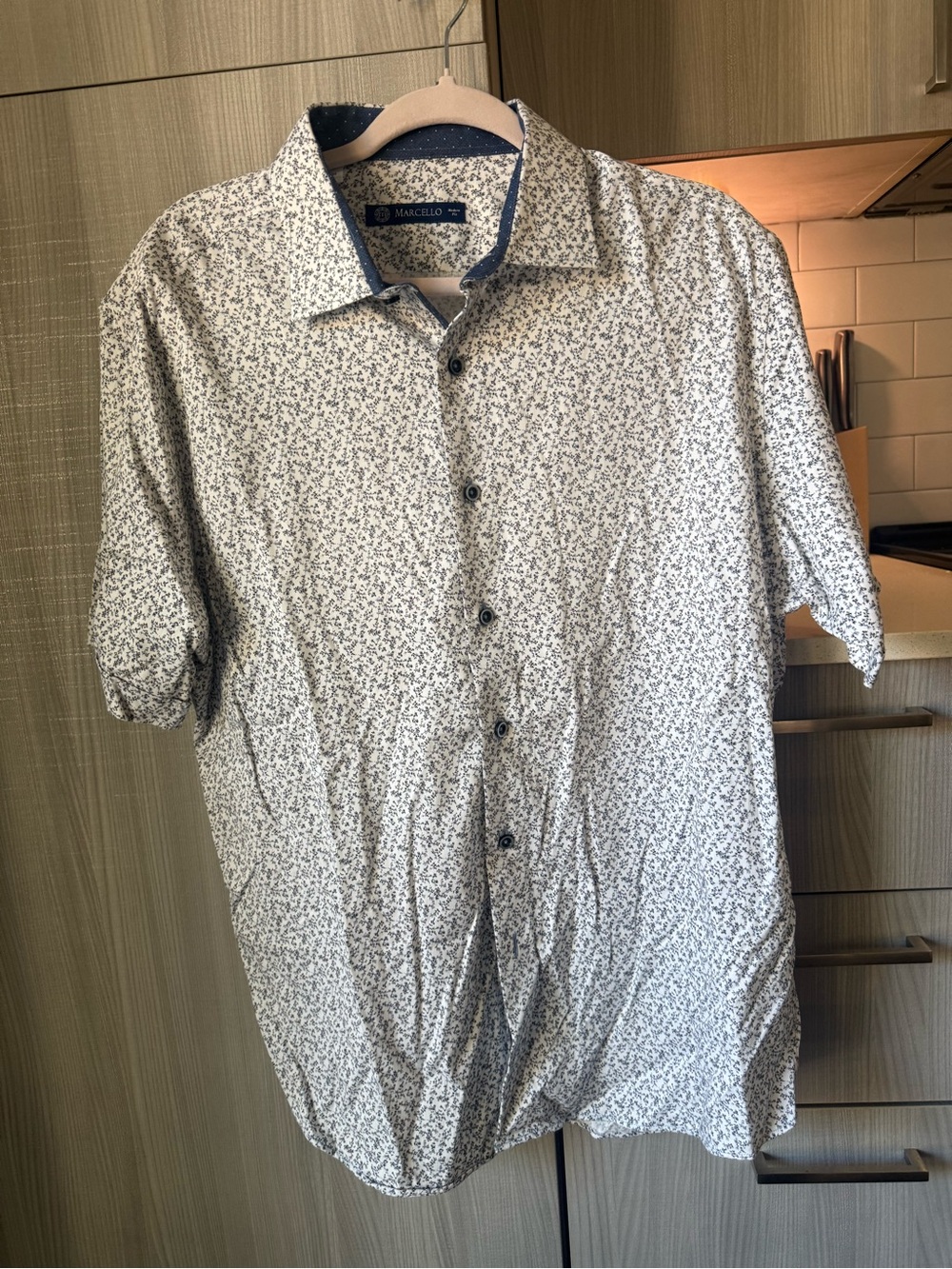 Marcello Short-Sleeve Button-Down Shirt in White with Navy Print